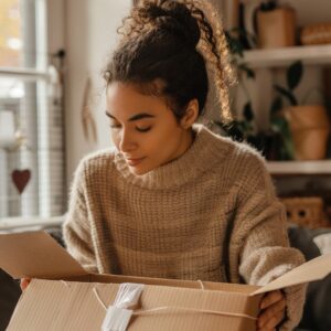 woman checking stuff in box