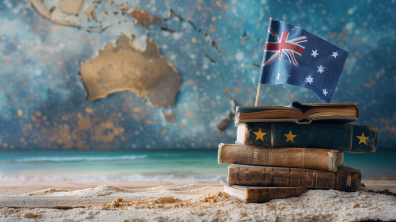 World map with Australia's continent and sand resembling countries beaches with books and Australian flag.