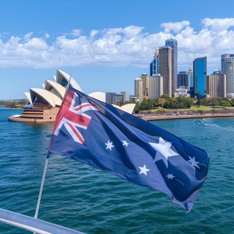 Australian Flag in the wind with Sydney Opera House in the background